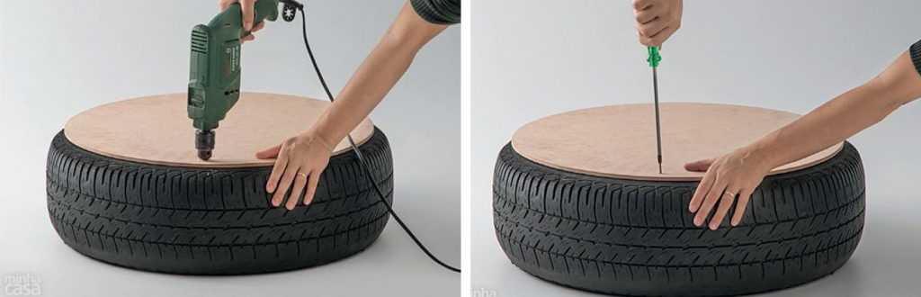 Diy pouf avec pneu: percage des trous