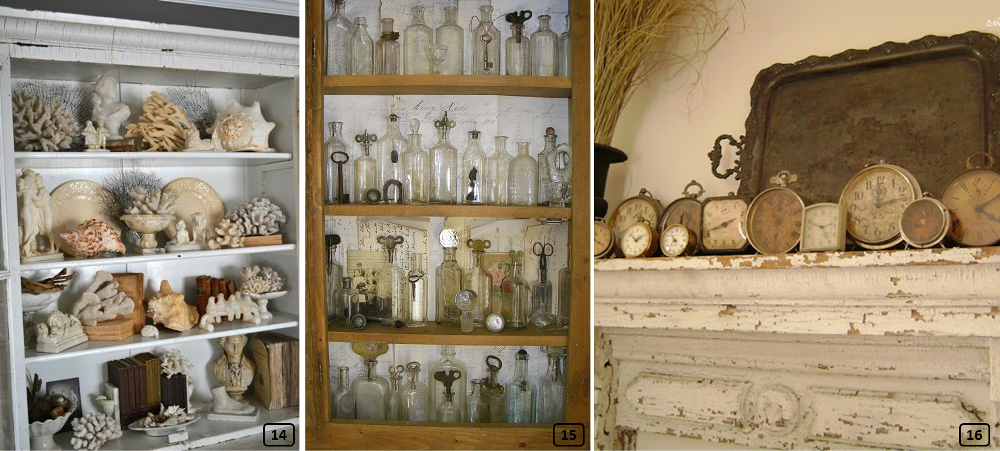 Collections dans des vitrines et sur cheminee