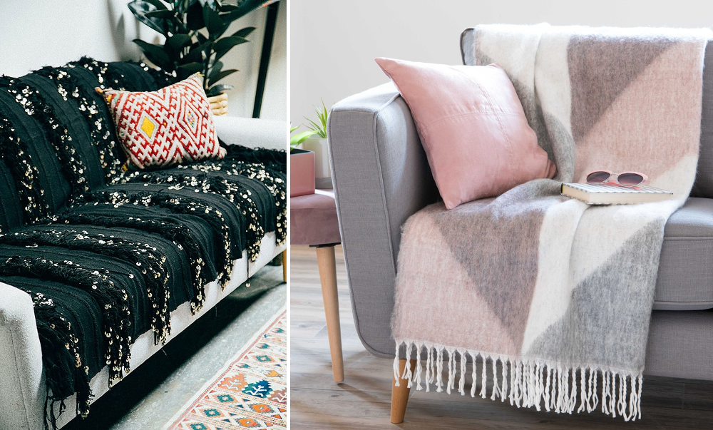 Couch makeover with plaids and rugs