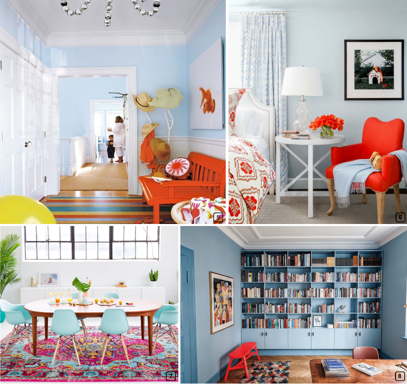 Murs interieurs en bleu ciel avec du mobilier orange et un tapis rose