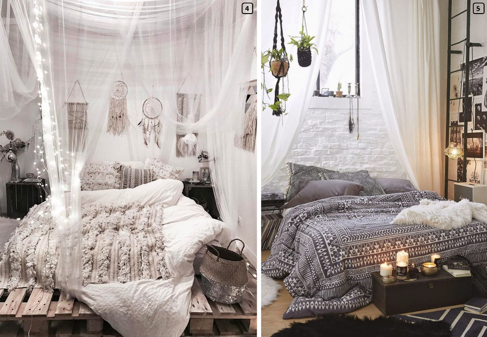 Deux chambres avec des ciels de lit blancs pour une ambiance boheme romantique