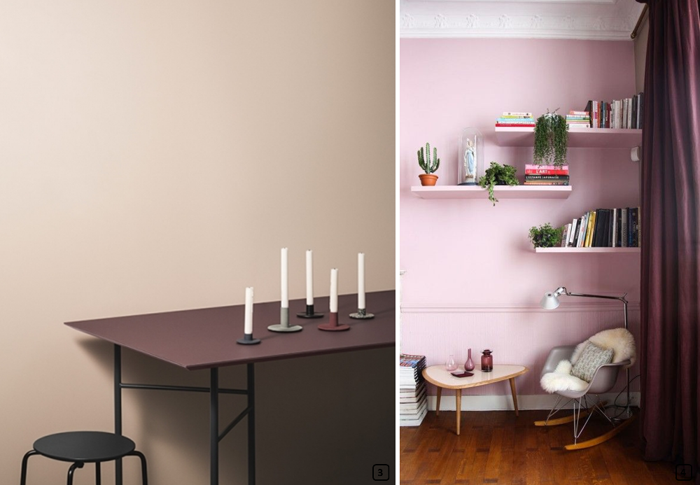 Murs en couleur rose avec une table et un rideau en bordeaux