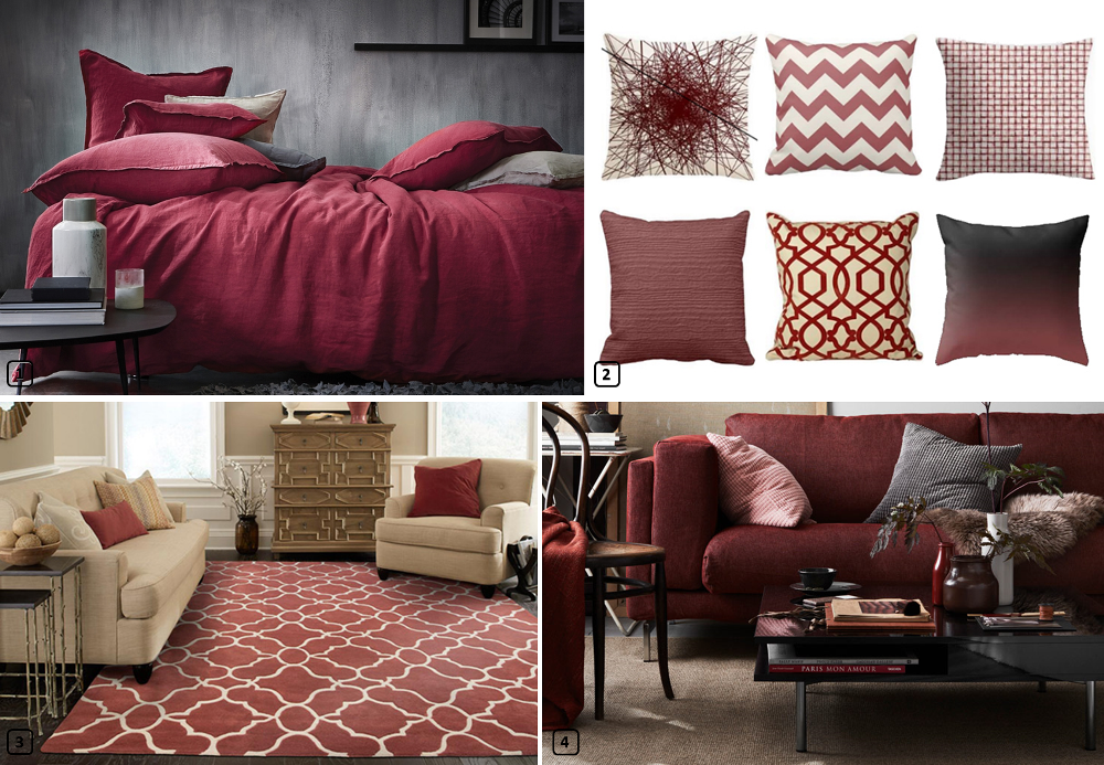 Linge de lit, coussins, tapis et canape de couleur bordeaux