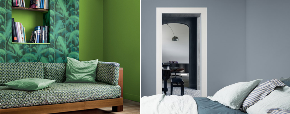 Deux interieurs avec peinture vert anis et bleu gris sur les murs