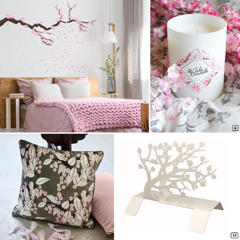Motifs fleurs de cerisiers en stickers, sur bougies, coussins, porte-revue