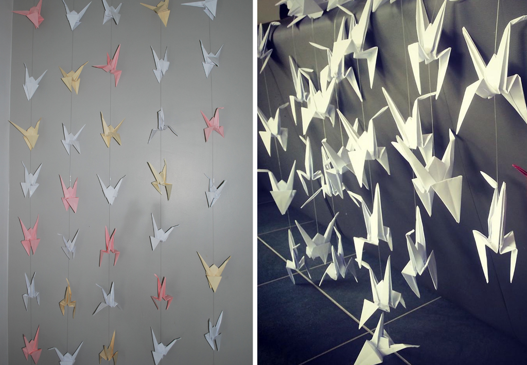 Rideaux avec des grues papier en origami