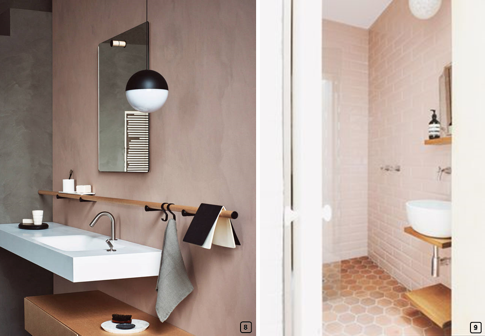 Salle de bain avec mur et carreaux en rose poudre, blush