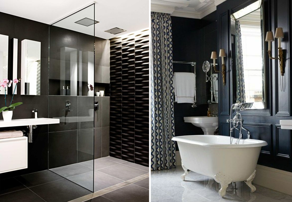 Deux salles de bain avec des murs noirs, esprit moderne et retro
