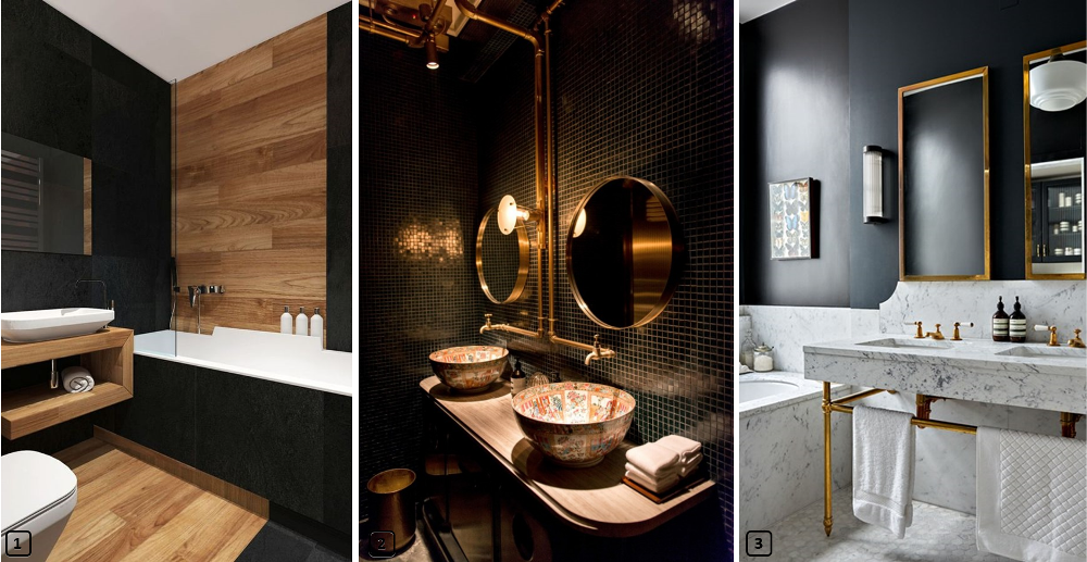 Salles de bain noire en association avec du bois, du marbre, du cuivre
