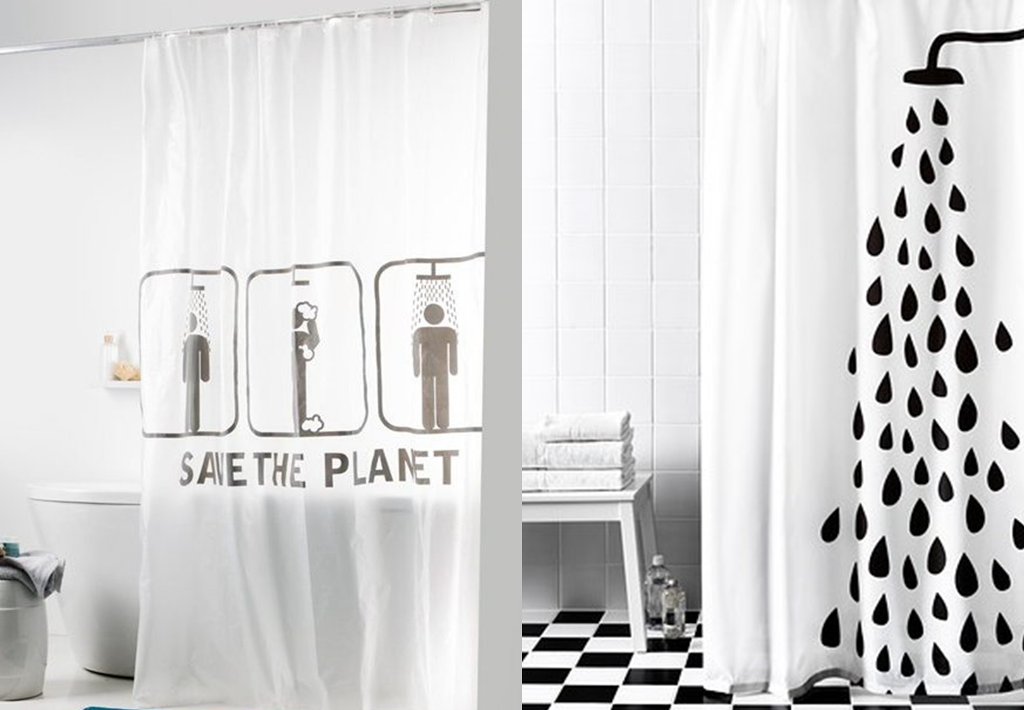 Deux rideaux de douche blancs, Save planet et pommeau douche