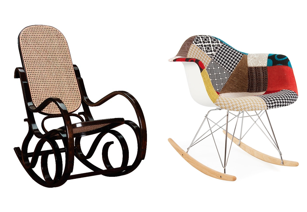 Deux rocking chair, canné noyer et façon Charles Eames patchwork