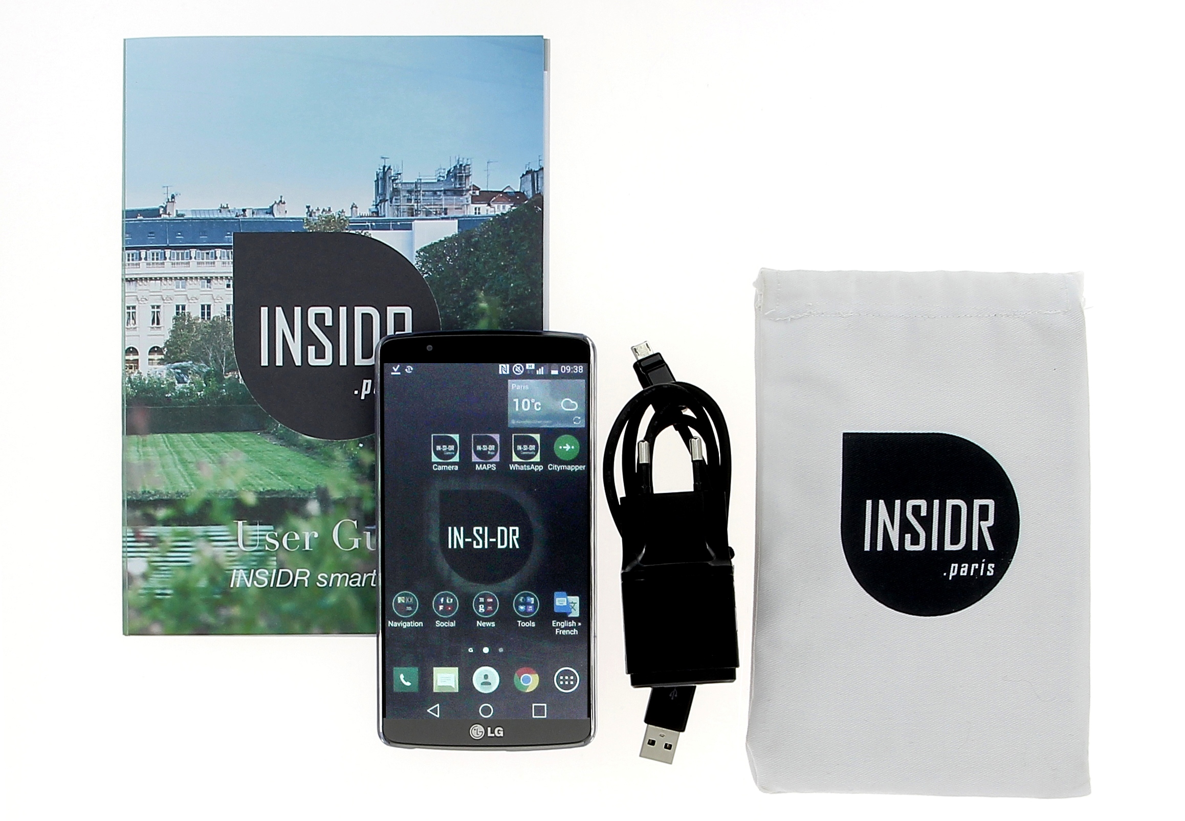 Kit smartphone chargeur guide papier et sac tissu