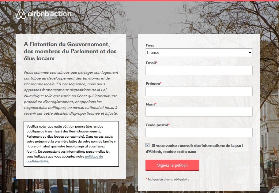 Petition en ligne Airbnb Action contre l'amendement de loi numérique