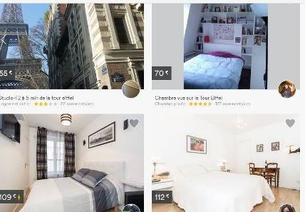 Copie d'écran du site d'Airbnb avec des logements parisiens